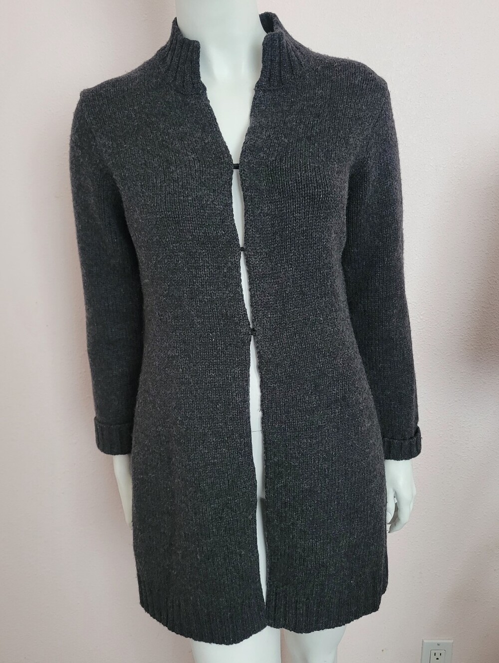 GAP Charcoal Gray 100% Lambswool Long Cardigan Sweater Duster Mock Neck Medium